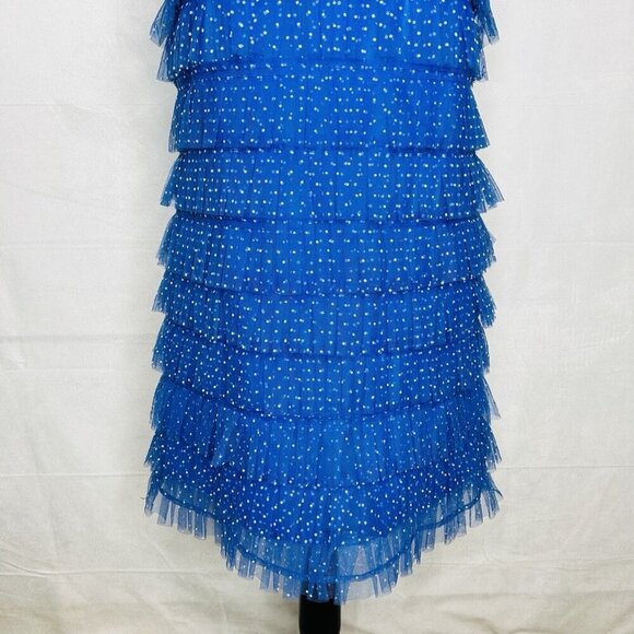 Lovers + Friends Jane Mini Dress Blue Tiered Tulle Polka Dot Size Medium Lined - Picture 3 of 10